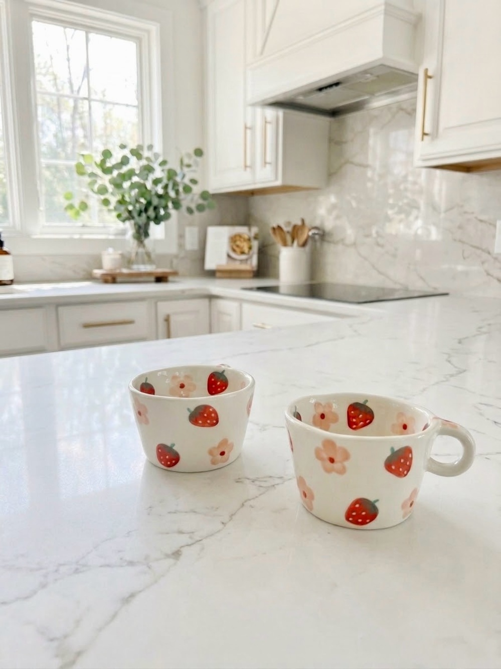 Set of 2 NWOT Hand Painted Ceramic Strawberry & Flower Mugs - Picture 2 of 6